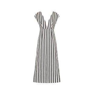 NWT St Agni Origami Stripe Dress Womens XS Black Ivory V-Neckline Midi Linen NEW